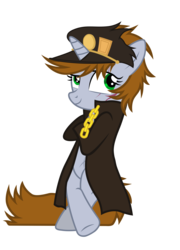 Size: 4926x6824 | Tagged: safe, artist:aborrozakale, oc, oc only, oc:littlepip, pony, unicorn, fallout equestria, g4, absurd resolution, bipedal, bipedal leaning, cap, clothes, coat, fanfic, fanfic art, female, hat, hooves, horn, jojo's bizarre adventure, jotaro kujo, leaning, mare, scar, simple background, smiling, solo, transparent background, vector