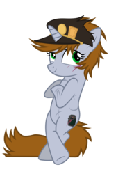 Size: 4926x6824 | Tagged: safe, artist:aborrozakale, oc, oc only, oc:littlepip, pony, unicorn, fallout equestria, g4, absurd resolution, bipedal, bipedal leaning, clothes, cutie mark, fanfic, fanfic art, female, hat, hooves, horn, jojo's bizarre adventure, jotaro kujo, leaning, mare, scar, simple background, smiling, solo, transparent background, vector
