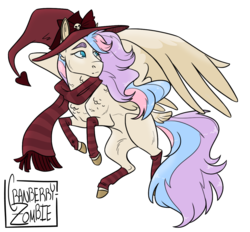Size: 1138x1056 | Tagged: safe, artist:cranberry--zombie, oc, oc only, oc:hickety pickety, pegasus, pony, clothes, female, hat, magical lesbian spawn, mare, offspring, parent:fluttershy, parent:rainbow dash, parents:flutterdash, scarf, simple background, socks, solo, striped socks, transparent background, witch hat