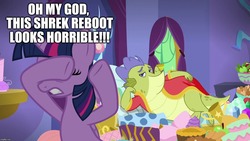 Size: 1280x720 | Tagged: safe, edit, edited screencap, editor:useraccount, screencap, sludge (g4), twilight sparkle, alicorn, dragon, pony, father knows beast, g4, clothes, covering eyes, duo, excessive exclamation marks, funny, image macro, lying down, meme, reboot, robe, shrek, shrek reboot, text, twilight sparkle (alicorn)