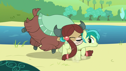 Size: 1280x720 | Tagged: safe, screencap, sandbar, yona, earth pony, pony, yak, g4, school daze, bow, cloven hooves, eyes closed, female, hair bow, male, monkey swings, teenager