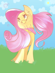 Size: 600x800 | Tagged: safe, artist:etalu, fluttershy, pegasus, pony, g4, bubble, cute, female, looking at something, looking up, mare, outdoors, shyabetes, signature, smiling, solo, standing