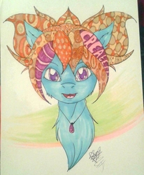 Size: 1228x1487 | Tagged: artist needed, safe, oc, oc only, oc:dawn, earth pony, pony, abstract, blue coat, female, filly, jewelry, necklace, purple eyes, solo, traditional art