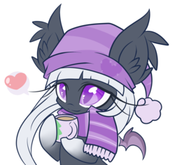Size: 2200x2080 | Tagged: safe, artist:starlightlore, oc, oc only, oc:love bites, bat pony, pony, clothes, femboy, hat, heart eyes, high res, male, mug, pictogram, scarf, simple background, solo, transparent background, wingding eyes
