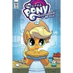 Size: 640x640 | Tagged: safe, artist:agnesgarbowska, idw, applejack, earth pony, pony, g4, spoiler:comic72, apple, apple pie, apron, clothes, comic cover, cowboy hat, cute, egg (food), female, food, hat, hoof hold, jackabetes, looking at you, mare, pie, solo