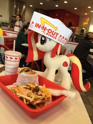 Size: 1536x2048 | Tagged: safe, photographer:lyokotravels, oc, oc:poniko, human, burger, food, hat, in-n-out, irl, irl human, photo, plushie, restaurant