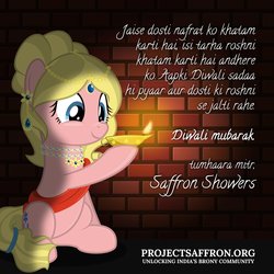 Size: 2000x2000 | Tagged: safe, artist:seaponycon, oc, oc:saffron showers, pony, diwali, high res, hindi, hoof hold, india, lamp, oil lamp, sash, translated in the description