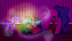 Size: 1024x593 | Tagged: safe, artist:kimyowolf, oc, oc only, oc:curiosa dream, pegasus, pony, unicorn, colt, female, male, mare