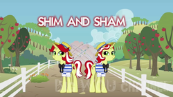 Size: 1280x720 | Tagged: artist needed, safe, flam, flim, pony, unicorn, g4, apple tree, duo, duo female, female, flim flam brothers, mare, obtrusive watermark, rule 63, sham, shim, shim sham sisters, siblings, sisters, tree, twin sisters, twins, watermark