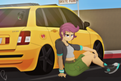 Size: 2000x1337 | Tagged: safe, artist:phyll, scootaloo, scorpion, equestria girls, g4, :j, bandaid, belly button, car, clothes, cutie mark, fiat, fiat stilo, hoodie, midriff, older, older scootaloo, parking lot, shirt, shoes, shorts, sign, sitting, sneakers, sticker, t-shirt, wristband