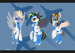 Size: 2000x1414 | Tagged: safe, artist:satv12, oc, oc only, pegasus, pony, clothes, female, flight suit, flying, goggles, male, mare, stallion, trio