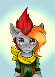 Size: 1182x1639 | Tagged: safe, artist:zira, oc, oc only, oc:grai, pony, beautiful eyes, camp camp, clothes, crossover, david (camp camp), grey skin, male, orange hair, purple eyes, red hair, rooster teeth, uniform