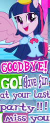 Size: 156x380 | Tagged: safe, gameloft, twilight sparkle, equestria girls, g4, caption, expand dong, exploitable meme, female, goodbye, image macro, meme, sad, solo, text