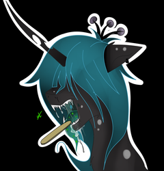 Size: 1197x1249 | Tagged: safe, artist:groomlake, queen chrysalis, changeling, changeling queen, pony, g4, black background, doctor, drool, drool string, fangs, female, hair over eyes, jewelry, open mouth, piercing, regalia, simple background, solo, spots, tongue depressor, tongue out