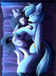 Size: 2457x3333 | Tagged: safe, artist:airiniblock, oc, oc only, oc:mitzy, oc:umami stale, bat pony, pegasus, pony, rcf community, bat pony oc, bed, commission, duo, ear fluff, eyes closed, female, freckles, high res, male, mare, pillow, shipping, sleeping, smiling, stallion, straight