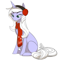 Size: 480x480 | Tagged: safe, artist:basykail, oc, oc only, oc:white blade, pony, unicorn, clothes, earmuffs, female, mare, scarf, simple background, sitting, solo, white background
