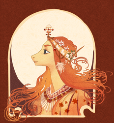 Size: 900x970 | Tagged: safe, artist:weird--fish, pony, alphonse mucha, bust, clothes, crown, female, fine art parody, jewelry, mare, necklace, ponified, portrait, regalia, solo