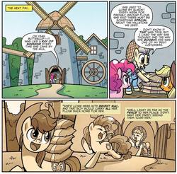 Size: 746x735 | Tagged: safe, artist:agnes garbowska, idw, official comic, applejack, bright mac, pear butter, pinkie pie, earth pony, pony, g4, spoiler:comic, spoiler:comic72, aunt millie, windmill