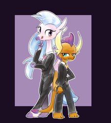 Size: 3342x3685 | Tagged: safe, artist:yajima, silverstream, smolder, dragon, hippogriff, anthro, unguligrade anthro, g4, back to back, clothes, duo, female, high res