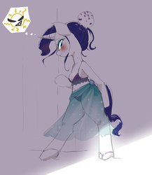 Size: 2151x2480 | Tagged: safe, artist:yajima, rarity, unicorn, anthro, semi-anthro, g4, arm hooves, belly button, bikini, blushing, clothes, female, high res, sandals, see-through, see-through skirt, skirt, sun, sweat, swimsuit, thought bubble