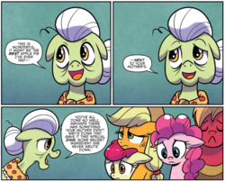 Size: 740x598 | Tagged: safe, artist:agnesgarbowska, idw, apple bloom, applejack, big macintosh, granny smith, pinkie pie, earth pony, pony, g4, spoiler:comic, spoiler:comic72, apple family, comic, cropped, female, filly, floppy ears, foal, green background, male, mare, sad, simple background, speech bubble, stallion