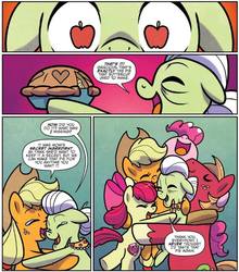 Size: 746x847 | Tagged: safe, artist:agnesgarbowska, idw, apple bloom, applejack, big macintosh, granny smith, pinkie pie, earth pony, pony, g4, spoiler:comic, spoiler:comic72, apple family, comic, cropped, female, filly, foal, food, green background, male, mare, pie, simple background, speech bubble, stallion