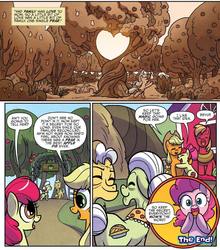 Size: 758x860 | Tagged: safe, artist:agnesgarbowska, idw, apple bloom, applejack, big macintosh, grand pear, granny smith, pinkie pie, earth pony, pony, g4, spoiler:comic, spoiler:comic72, apple family, apple tree, female, filly, foal, intertwined trees, mare, pear tree, tree