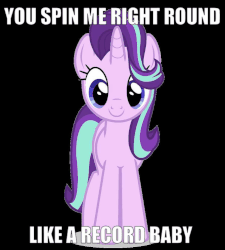 Size: 895x996 | Tagged: safe, edit, editor:axal-5, starlight glimmer, pony, unicorn, g4, animated, black background, dead or alive (band), female, gif, i regret nothing, image macro, impact font, mare, meme, simple background, solo, song reference, speed up, spinning, text, text edit, you spin me right round