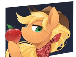 Size: 2048x1536 | Tagged: safe, artist:30clock, applejack, earth pony, pony, g4, abstract background, apple, bandana, bust, cowboy hat, female, food, hat, looking at you, mare, portrait, solo, that pony sure does love apples