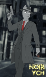 Size: 1440x2400 | Tagged: safe, artist:mintjuice, anthro, advertisement, blazer, cigarette, city, clothes, coat, commission, detective, gun, hat, male, necktie, night, noir, rain, stallion, street, weapon, your character here