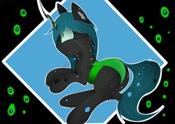 Size: 3035x2150 | Tagged: source needed, safe, artist:groomlake, queen chrysalis, changeling, changeling queen, g4, black background, changeling egg, colored, cute, cutealis, egg, female, high res, mare, rear view, simple background, smiling, solo, spots
