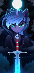 Size: 1125x2410 | Tagged: safe, artist:yakovlev-vad, princess luna, alicorn, pony, art pack:equestrian royalty, g4, female, frown, glare, ice, lidded eyes, looking at you, mare, moon, night, nightmare luna, s1 luna, sitting, sky, slender, slit pupils, snow, solo, stars, sword, thin, warrior luna, weapon