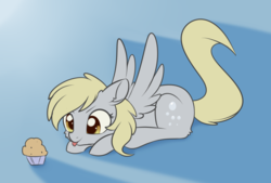 Size: 1254x846 | Tagged: safe, artist:dusthiel, derpy hooves, pegasus, pony, g4, :p, behaving like a cat, cute, derpabetes, female, food, imminent pounce, mare, muffin, prone, silly, silly pony, solo, tongue out