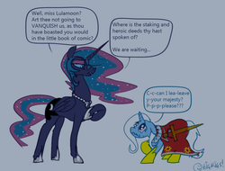 Size: 1033x786 | Tagged: safe, artist:bigrigs, nightmare moon, trixie, pony, alternate timeline, dialogue, jewelry, nightmare takeover timeline, scared, stake