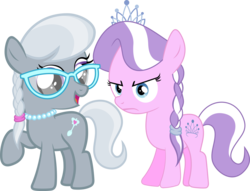 Size: 5912x4523 | Tagged: safe, artist:illumnious, artist:piranhaplant1, edit, editor:slayerbvc, vector edit, diamond tiara, silver spoon, earth pony, pony, g4, absurd resolution, alternate hairstyle, annoyed, braid, glasses, happy, jewelry, necklace, simple background, tiara, transparent background, vector