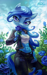 Size: 1771x2834 | Tagged: safe, artist:holivi, oc, oc only, oc:raylanda, anthro, g4, abs, anthro oc, blue rose, clothes, commission, female, flower, jacket, jeans, looking at you, mare, midriff, pants, ripped pants, scenery, signature