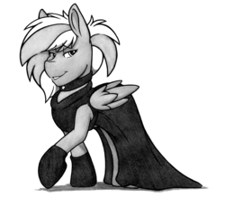 Size: 4159x3626 | Tagged: safe, artist:denzel, oc, oc only, oc:zeny, pegasus, pony, alternate hairstyle, bedroom eyes, black and white, black dress, breakfast at tiffany's, choker, clothes, dress, evening gloves, fancy, female, gloves, grayscale, long gloves, looking at you, mare, monochrome, raised hoof, simple background, smiling, solo, traditional art, white background