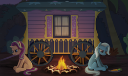 Size: 1293x770 | Tagged: safe, artist:vladimir-olegovych, starlight glimmer, trixie, pony, unicorn, g4, road to friendship, back to back, campfire, carrot, female, fire, food, frown, mare, night, trixie's wagon