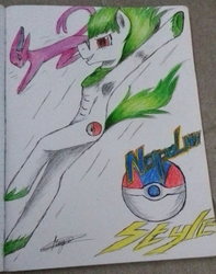 Size: 1774x2250 | Tagged: safe, artist:mya-chan nina, oc, oc only, oc:napalm styles, earth pony, espeon, pony, legends of equestria, armpits, colored, commission, cutie mark, eeveelution, epic, flying, green mane, green tail, incoming, johto pokémon, long mane, long tail, poké ball, pokémon, pokémon gold and silver, psychic type pokémon, red eyes, ribbon, second stage pokémon, style, traditional art
