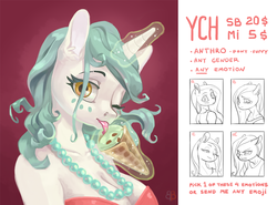 Size: 1200x886 | Tagged: safe, artist:brazhnik, oc, oc only, unicorn, anthro, advertisement, bra, breasts, bust, clothes, commission, commission info, emotions, female, food, full color, glowing horn, horn, ice cream, looking at you, magic, one eye closed, solo, telekinesis, underwear, wink, ych example, your character here