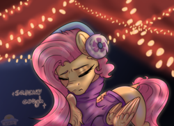 Size: 1024x745 | Tagged: safe, artist:laurabaggins, fluttershy, pony, best gift ever, g4, clothes, descriptive noise, earmuffs, eyes closed, female, fluttershy's purple sweater, mare, solo, string lights, sweater, sweatershy, turtleneck, winter outfit