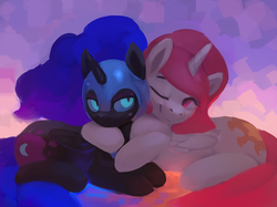 Size: 1100x822 | Tagged: safe, artist:rodrigues404, nightmare moon, princess celestia, alicorn, pony, g4, cewestia, cute, duo, female, filly, hug, nightmare woon, sisters, younger