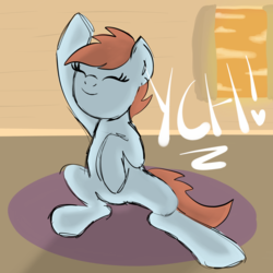 Size: 2100x2100 | Tagged: safe, artist:lannielona, pony, advertisement, cloud, commission, curtains, evening, eyes closed, high res, sketch, smiling, solo, stretching, window, yoga, yoga mat, your character here