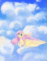 Size: 1150x1500 | Tagged: safe, artist:melloncollie-chan, fluttershy, pegasus, pony, g4, cloud, female, flying, looking at you, looking sideways, mare, sky, smiling, solo, spread wings, three quarter view, wings