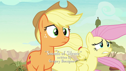 Size: 1280x720 | Tagged: safe, screencap, applejack, fluttershy, earth pony, pegasus, pony, g4, sounds of silence, credits, duo, female, gregory bonsignore, mare, opening credits