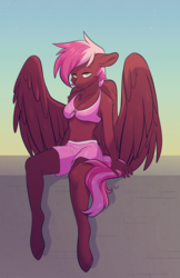 Size: 2598x4020 | Tagged: safe, artist:raponee, derpibooru exclusive, oc, oc only, oc:zeny, pegasus, anthro, unguligrade anthro, bedroom eyes, belly button, bikini, bikini top, breasts, cleavage, clothes, female, looking at you, midriff, shorts, sitting, smiling, solo, spread wings, sunset, swimming trunks, swimsuit, wall, wings