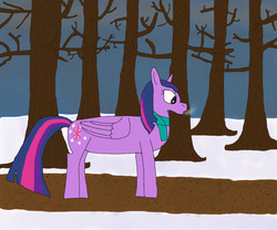 Size: 1200x1000 | Tagged: safe, artist:darksha457, twilight sparkle, alicorn, pony, g4, breath, clothes, female, forest, ms paint, path, scarf, simple background, snow, solo, tree, twilight sparkle (alicorn), winter