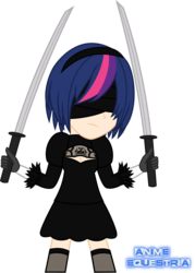 Size: 797x1115 | Tagged: safe, artist:anime-equestria, twilight sparkle, human, g4, 2b, clothes, dress, female, hairband, human coloration, humanized, katana, nier: automata, simple background, skirt, solo, stockings, sword, thigh highs, transparent background, visor, weapon