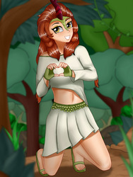 Size: 1375x1833 | Tagged: safe, artist:focusb, autumn blaze, human, g4, sounds of silence, belly button, female, heart hands, humanized, looking at you, midriff, sandals, smiling, solo