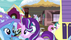 Size: 1280x720 | Tagged: safe, screencap, silverstream, starlight glimmer, trixie, twinkleshine, pony, unicorn, best gift ever, g4, best friends, clothes, duo focus, earmuffs, female, hat, mare, trixie's hat, winter outfit